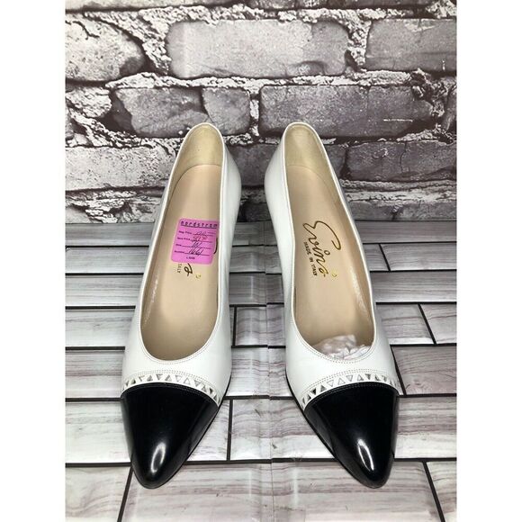 VTG David Evins White Leather Black Cap Toe Dress Heels Women’s Sz 7AA US/37.5EU - Picture 2 of 16
